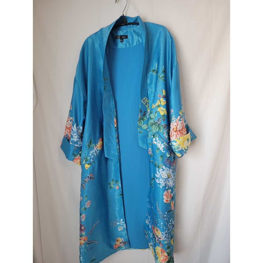 ZARA TRF Women's M Blue Floral Kimono Cardigan Robe Open Front Duster Jacket